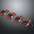 Four Red And Black Off Road Model Cars Arranged In A Row With Equipment