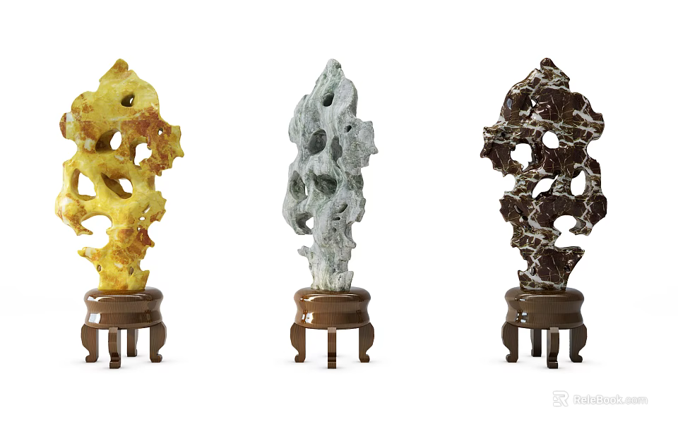 Colorful Porous Rock Decorative Ornament Set With Yellow Green Dark Brown And Brown Legged Bases 3d model 