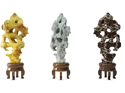 Colorful Porous Rock Decorative Ornament Set With Yellow Green Dark Brown And Brown Legged Bases 3d model