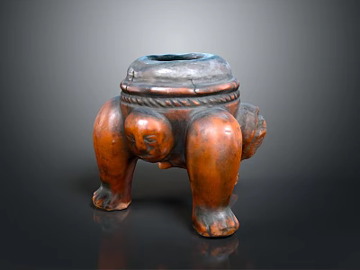Traditional Brown Ceramic Home Living Container with Elephant Leg Shaped Legs and Carved Lid 3d model