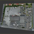 Aerial View of Building Complex Model with Parking Lot Vehicles Greenery and Buildings