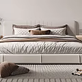Double Bed With White Upholstered Headboard Multiple Pillows Side Nightstands Green Plant And Patterned Rug