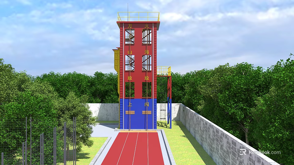 Outdoor Fire Equipment Training Tower With Red And Blue Structural Design 3d model 