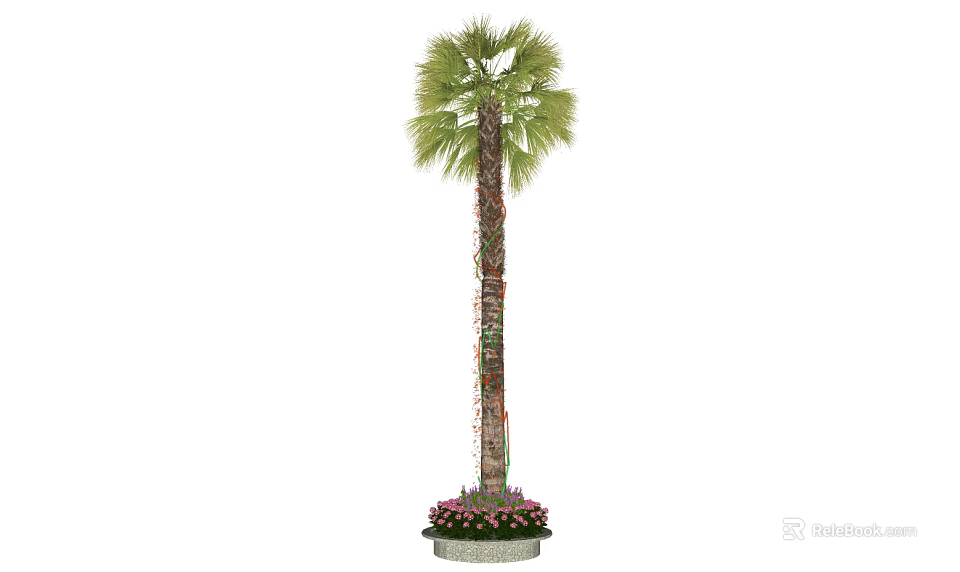 Tall Palm Tree With Trunk And Orange Decorations In Flower Pot With Pink Flowers 3d model 