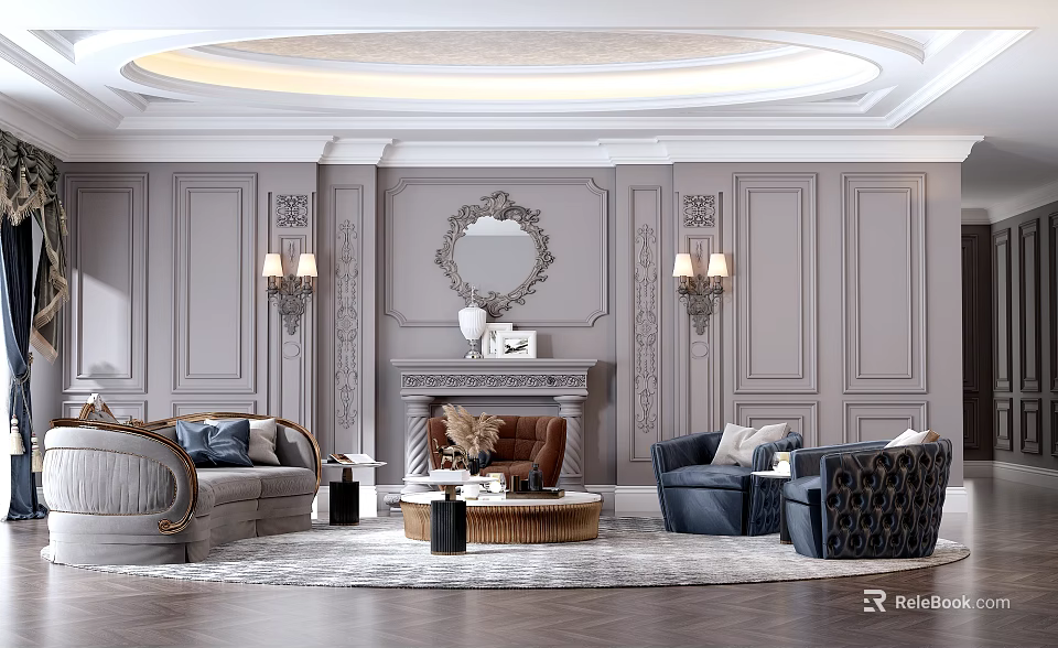 Elegant Living Room Interior with Light Gray Decorative Wall Panels Circular Mirror Fireplace Sofas Armchairs 3d model 