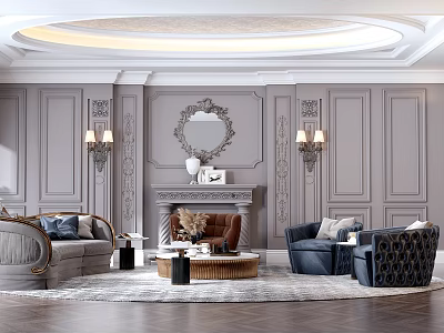 Elegant Living Room Interior with Light Gray Decorative Wall Panels Circular Mirror Fireplace Sofas Armchairs 3d model