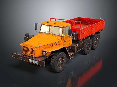 Vintage Yellow Truck with Red Cargo Bed and Six Wheel Design 3d model