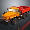 Vintage Yellow Truck with Red Cargo Bed and Six Wheel Design