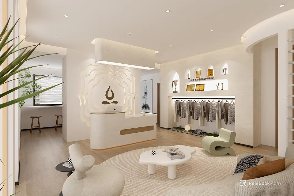 Elegant Modern Reception Desk Interior With Marble Counter Soft Tones And Minimalist Decor 3d model 