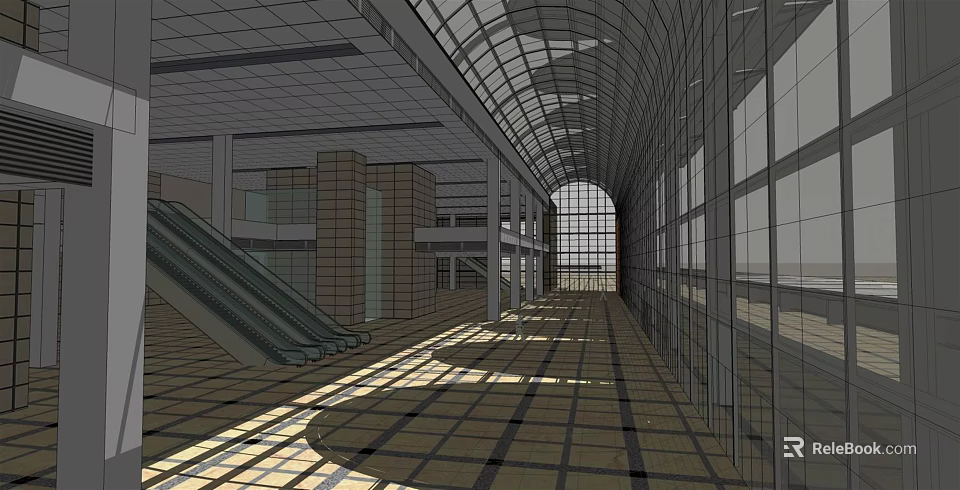 Modern Public Hall Interior With Glass Roof Escalator Large Windows And Square Tiles 3d model 