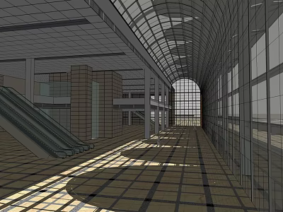Modern Public Hall Interior With Glass Roof Escalator Large Windows And Square Tiles 3d model