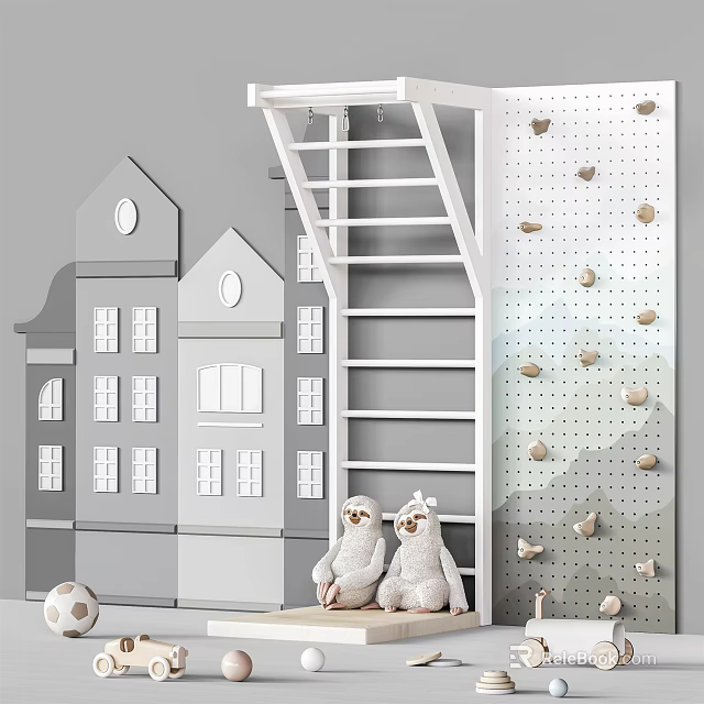 Gray And White Building Shaped Play Equipment With Ladder Climbing Wall And Soft Toys 3d model 