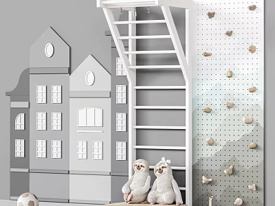 Gray And White Building Shaped Play Equipment With Ladder Climbing Wall And Soft Toys 3d model