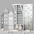 Gray And White Building Shaped Play Equipment With Ladder Climbing Wall And Soft Toys