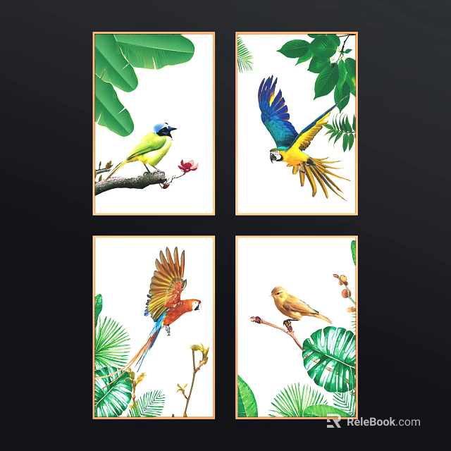 Botanical Paintings Featuring Colorful Birds on Branches with Green Leaves and Flowers 3d model 