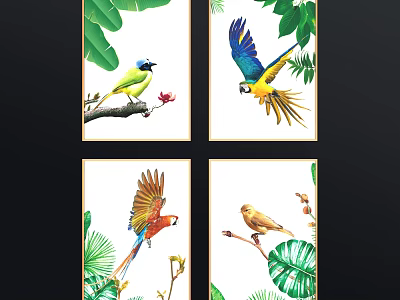 Botanical Paintings Featuring Colorful Birds on Branches with Green Leaves and Flowers 3d model
