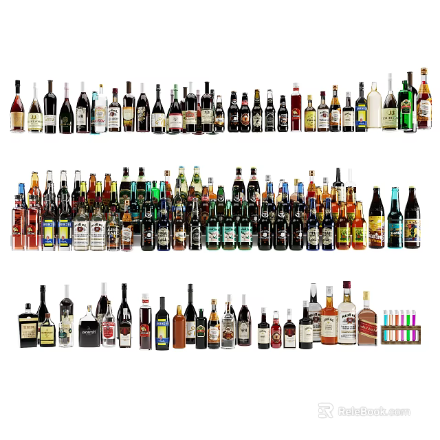 Assorted Wine Bottles And Glasses Collection With Different Styles Shapes And Colors 3d model 