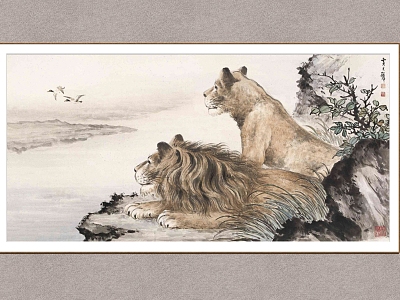 Chinese Animal Painting Huang Junbi Double Lion Picture model