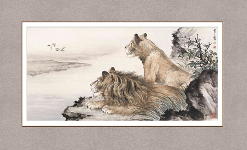 Chinese Animal Painting Huang Junbi Double Lion Picture 3d model