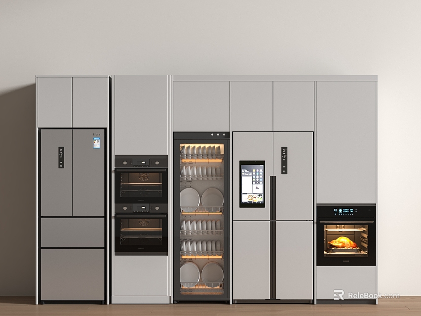 Modern Kitchen Interior Design Featuring Built In Refrigerator Freezer And Stainless Steel Cabinets 3d model 