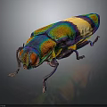 Vibrant Iridescent Beetle With Green Blue Yellow Stripes On Dark Background