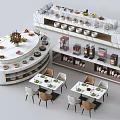 Stylish Buffet Restaurant Layout With Circular Table Long Counter And Dining Seats 3d model