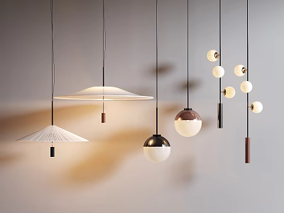 Modern Design Pendant Lights With Different Shapes Round Balls Umbrella Shades And Wooden Accents 3d model