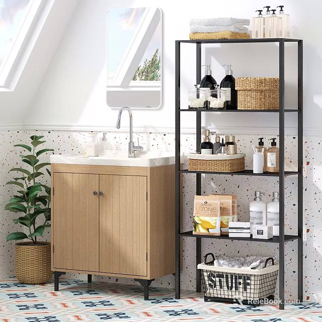 Wooden Bathroom Cabinet with White Countertop Black Metal Shelving Storage Baskets Toiletries and Potted Plant 3d model 