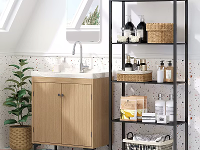 Wooden Bathroom Cabinet with White Countertop Black Metal Shelving Storage Baskets Toiletries and Potted Plant 3d model