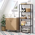 Wooden Bathroom Cabinet with White Countertop Black Metal Shelving Storage Baskets Toiletries and Potted Plant