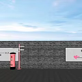 Brick Scenic Wall With White Billboards Red Seats And Blue Sky Clouds