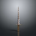 Spiral Bladed Sword With Golden Hilt On Gray Background And Reflection