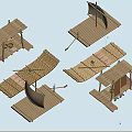 Bamboo Wooden Boats In Various Styles With Pavilion Roofs And Sails Floating On Water
