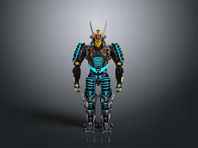 Futuristic Robot With Glowing Blue Lines Yellow Helmet And Black Armor Design 3d model