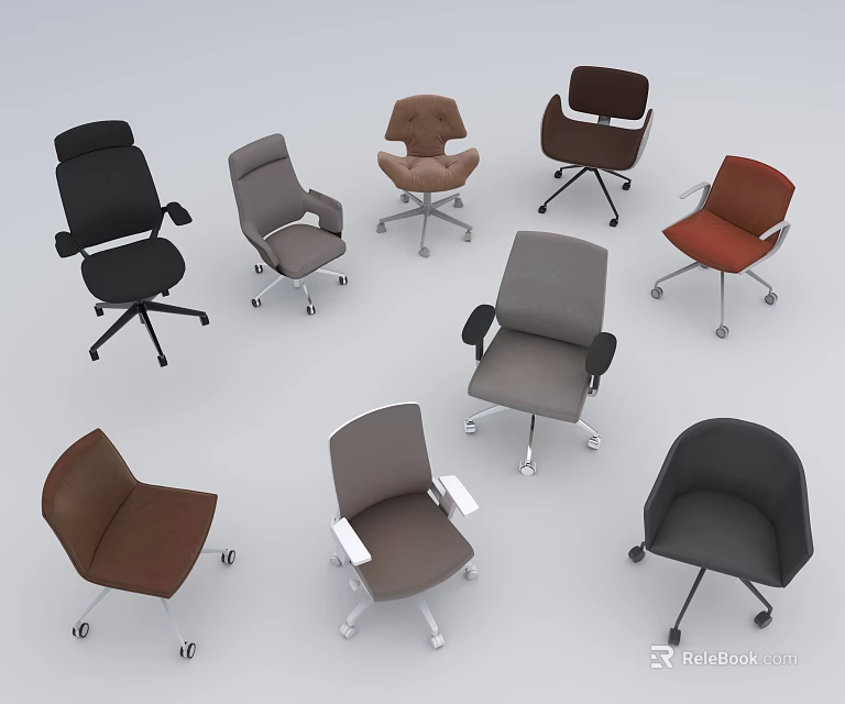 Multiple Style Office Chairs With Different Colors Armrests And Rolling Wheels 3d model