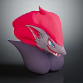Fantasy Creature Character With Red Head Gray Face Blue Eyes And Purple Body