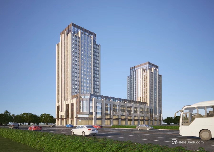 Modern Twin Office Towers With Glass Facade Road Vehicles And Green Landscape 3d model 