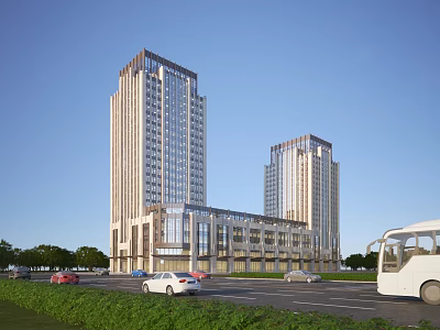 Modern Twin Office Towers With Glass Facade Road Vehicles And Green Landscape 3d model