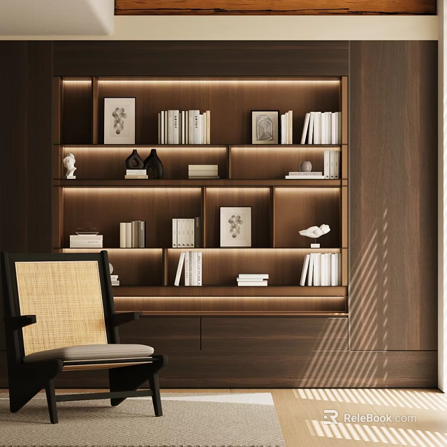 Study Room Interior With Dark Wooden Bookshelves Books Framed Art Decorative Items And Wicker Chair 3d model 