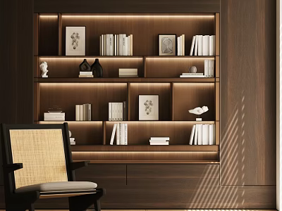 Study Room Interior With Dark Wooden Bookshelves Books Framed Art Decorative Items And Wicker Chair 3d model