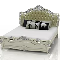 Ornate Cream Colored Double Bed With Tufted Headboard And Black White Pillows
