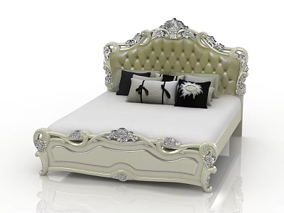 Ornate Cream Colored Double Bed With Tufted Headboard And Black White Pillows 3d model
