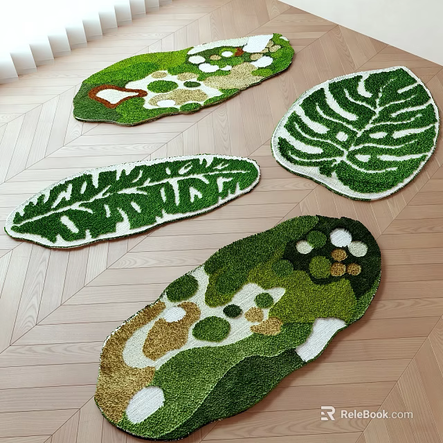 Shape Designed Green Rugs With Unique Leaf Patterns On Wooden Floor 3d model 