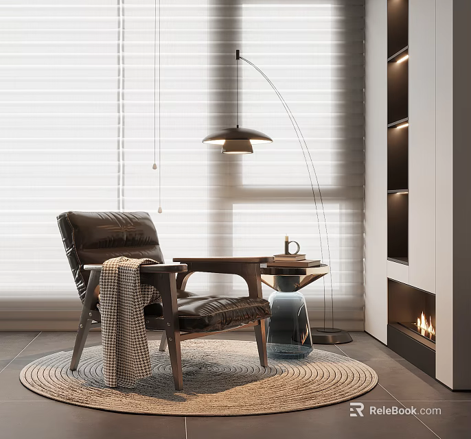 Modern Living Room Interior With Leather Leisure Chair Blanket Side Table Floor Lamp And Fireplace 3d model 