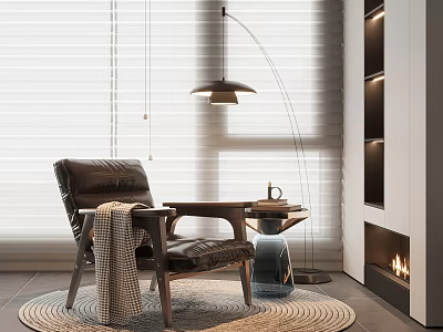 Modern Living Room Interior With Leather Leisure Chair Blanket Side Table Floor Lamp And Fireplace 3d model