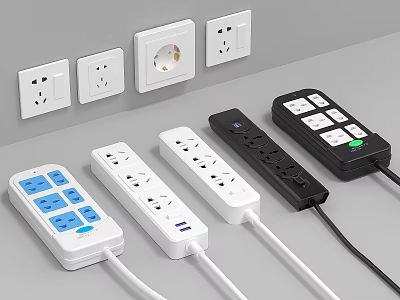 Modern Switch Panels With Wall Mounted Sockets And Multi Socket Extension Cords 3d model
