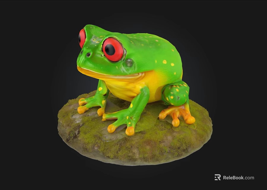 Green Aquatic Frog Sculpture Featuring Red Eyes Yellow Belly Orange Feet On Mossy Stone Base 3d model 