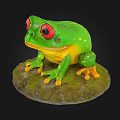 Green Aquatic Frog Sculpture Featuring Red Eyes Yellow Belly Orange Feet On Mossy Stone Base