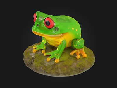 Green Aquatic Frog Sculpture Featuring Red Eyes Yellow Belly Orange Feet On Mossy Stone Base 3d model