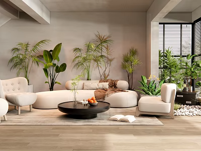 Modern Living Room Interior With Large Sofa Green Plants Coffee Table And Area Rug 3d model
